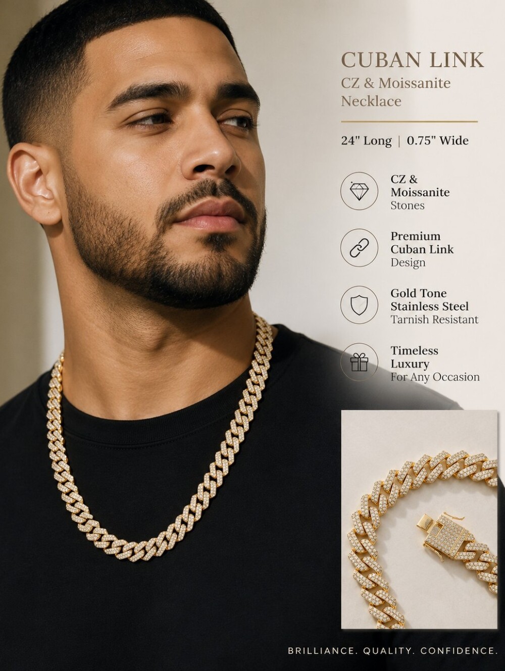 Bold 24" Cuban Link Chain | Gold Tone Stainless Steel | Moissanite & CZ Necklace